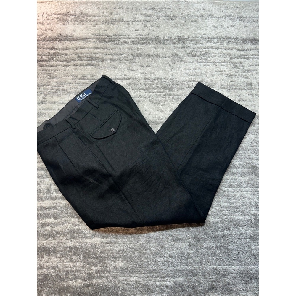 Vintage Polo Ralph Lauren Dress Pants Men 35x30 Black 100% Linen Pleated Cuffed